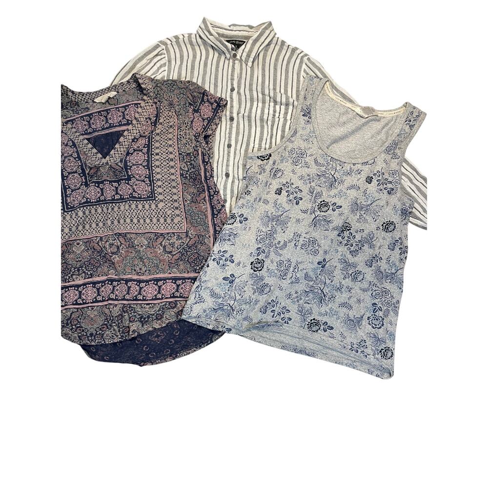 ✨ 3-PC BUNDLE Lucky Brand Small Tops Boho Linen Cotton Floral Striped EUC 🌿 - Picture 3 of 8
